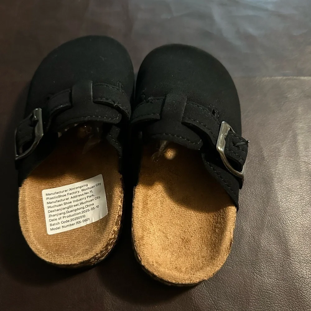 Cozy Black Buckle Kids Slippers euro equates to 7.5 to 8